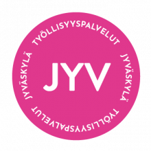 Vaaleanpunainen pallo, jossa valkoinen teksti työllisyyspalvelut Jyväskylä.
